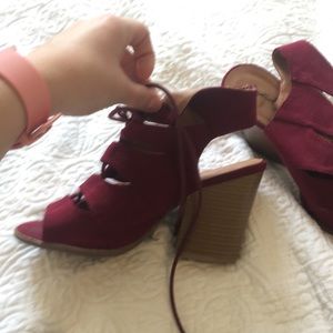 Wine colored lace up chunky heels